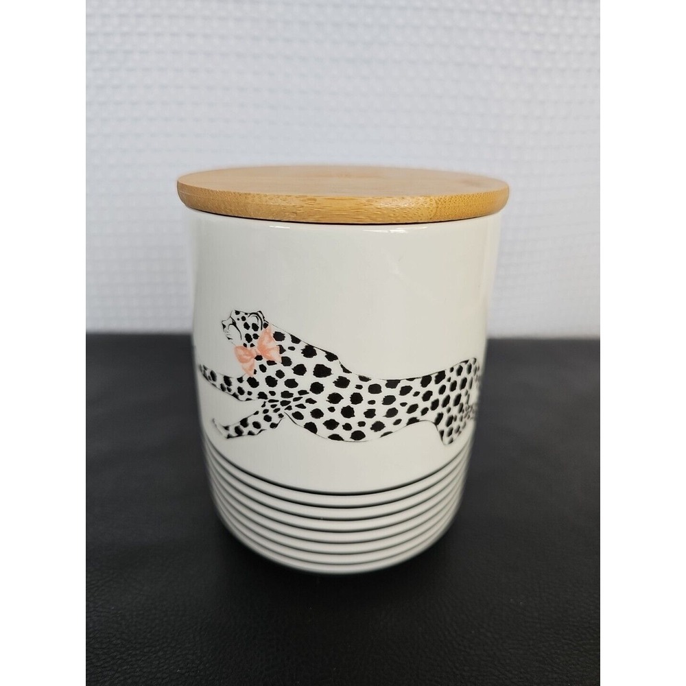 Cheetah Canister Tea Coffee Jar White Black w Wood Lid Ellen Studio London